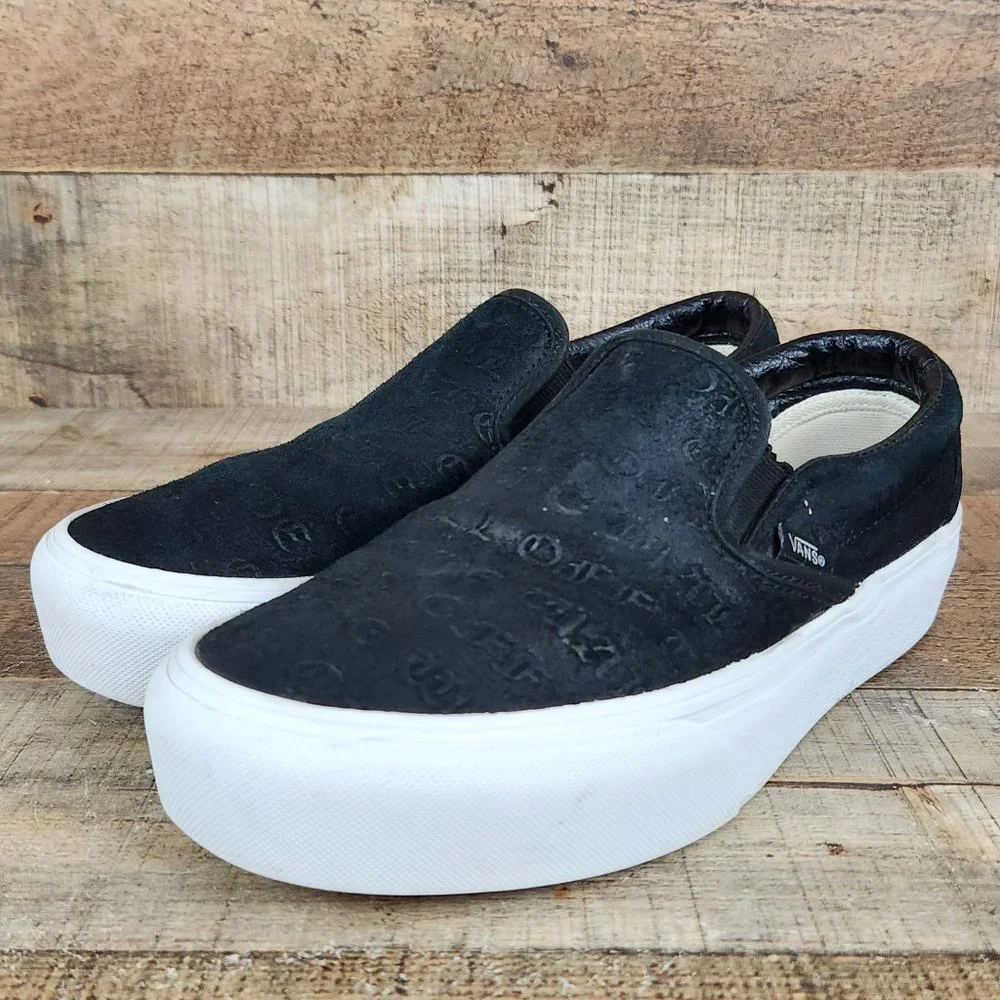 Vans Slip On Platform‎ Women Sz 6 Suede Embossed Letters Casual Classic Black - Picture 3 of 10